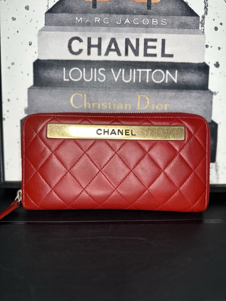 Chanel Trendy Red Quilted Gold Plate Long Zippy Wallet