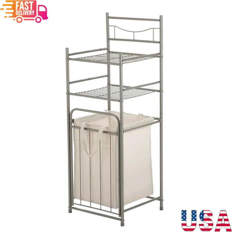 2-Tier Steel Storage Shelf with Hamper in Satin Nickel for Bathroom