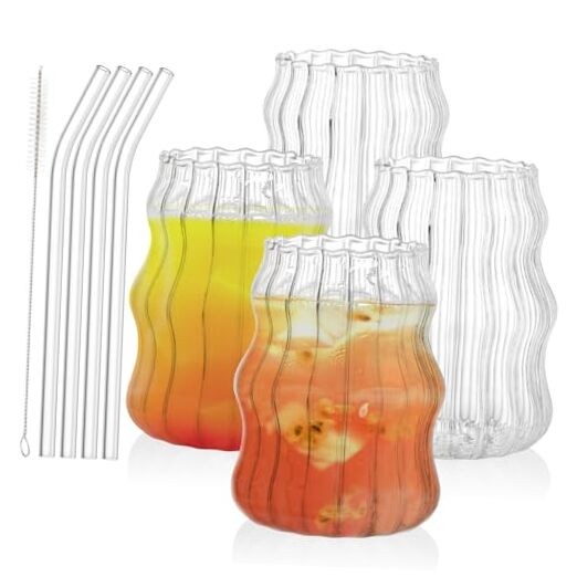 4 Pack Ribbed Aesthetic Glass Cups with Straw 16Oz Vintage Tumblers