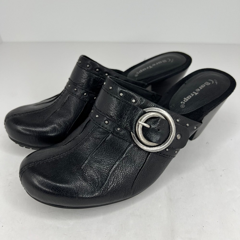 Bare Traps Womens Tinah Black Leather Stud Buckle Mule Block Heels Size 7M