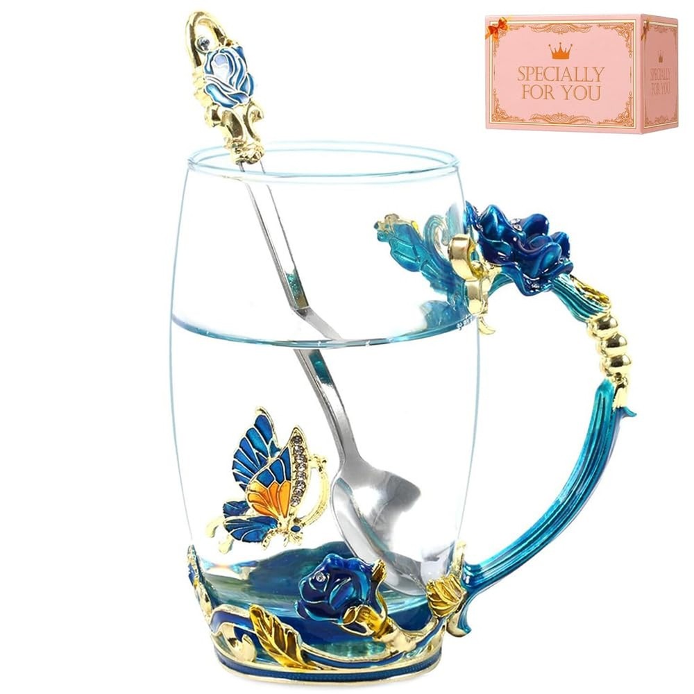 Butterfly Flower Glass Tea Cup Sky Blue Rose Coffee Mug Birthday Gift for Women