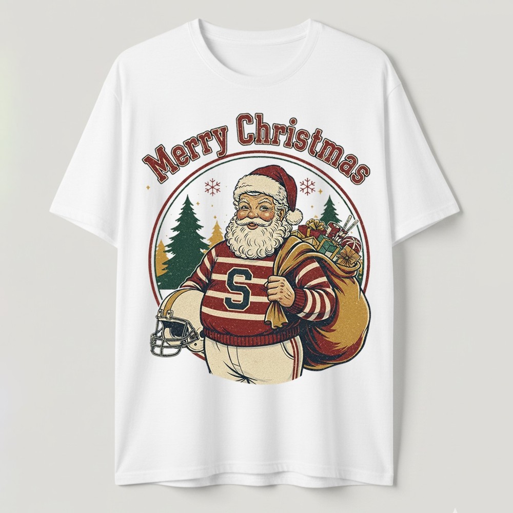 Football Santa T-Shirt Merry Christmas Sports Fan Player Team Holiday Xmas Tee