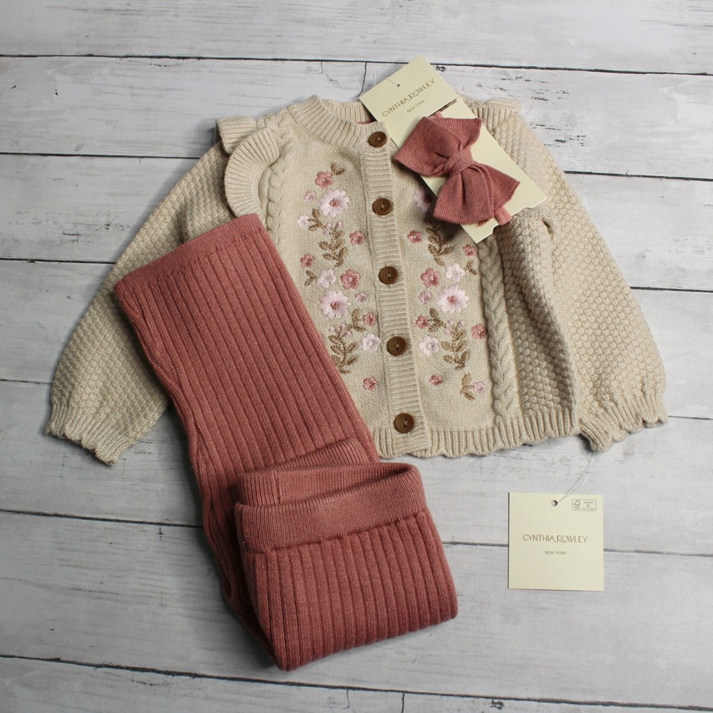 Cynthia Rowley Baby Girl's Cardigan Sweater Pants Headband Set Size 3-6 Months