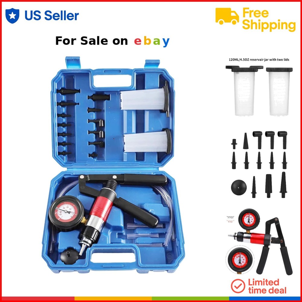 2-in-1 Automotive Handheld Brake Bleeder Pump Kit with Gauge and Adapters for Cars