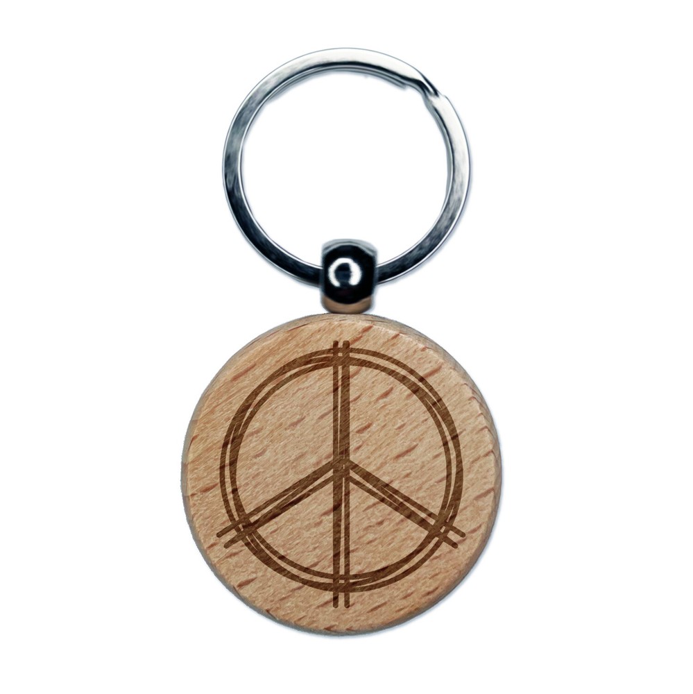 Sketchy Peace Sign Doodle Engraved Wood Round Keychain Tag Charm