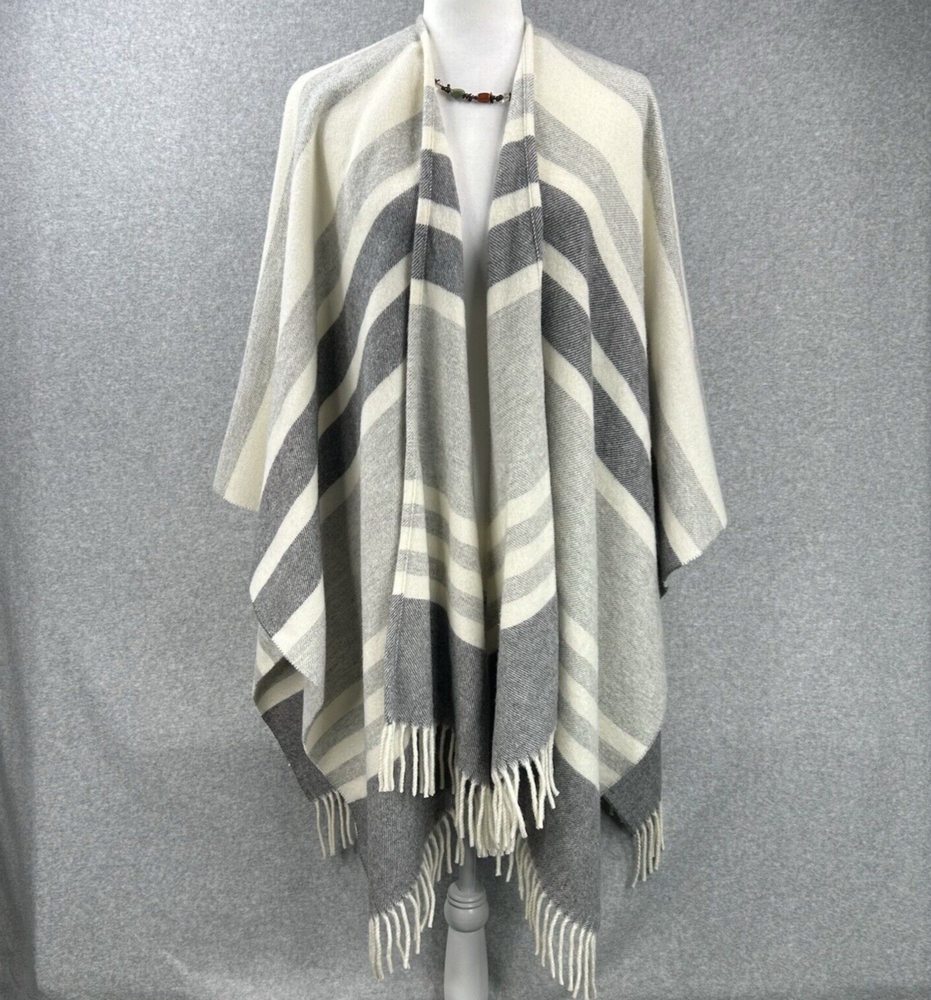 New Banana Republic Striped Wool Blend Fringe Poncho in Ivory Gray Made in Italy $118