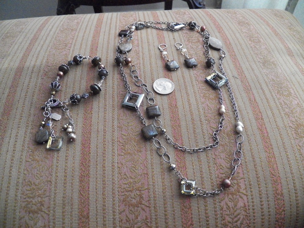 Tres Jolie  sterling bali beads brown stone necklace bracelet earrings set