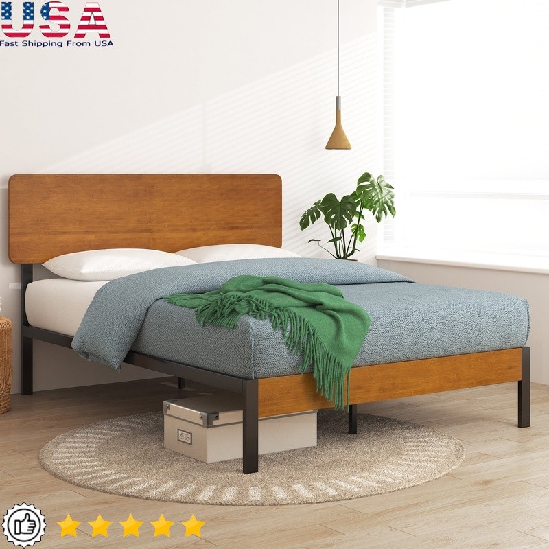 Twin Metal Platform Bed Frame with Bamboo Slats and Underbed Storage Easy Assembly