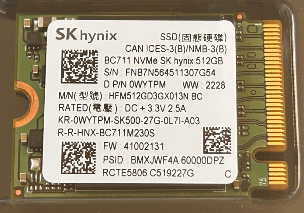 New SK Hynix NVMe PCIe M2 2230 SSD BC711 512GB 30mm HFM512GD3GX013N OEM