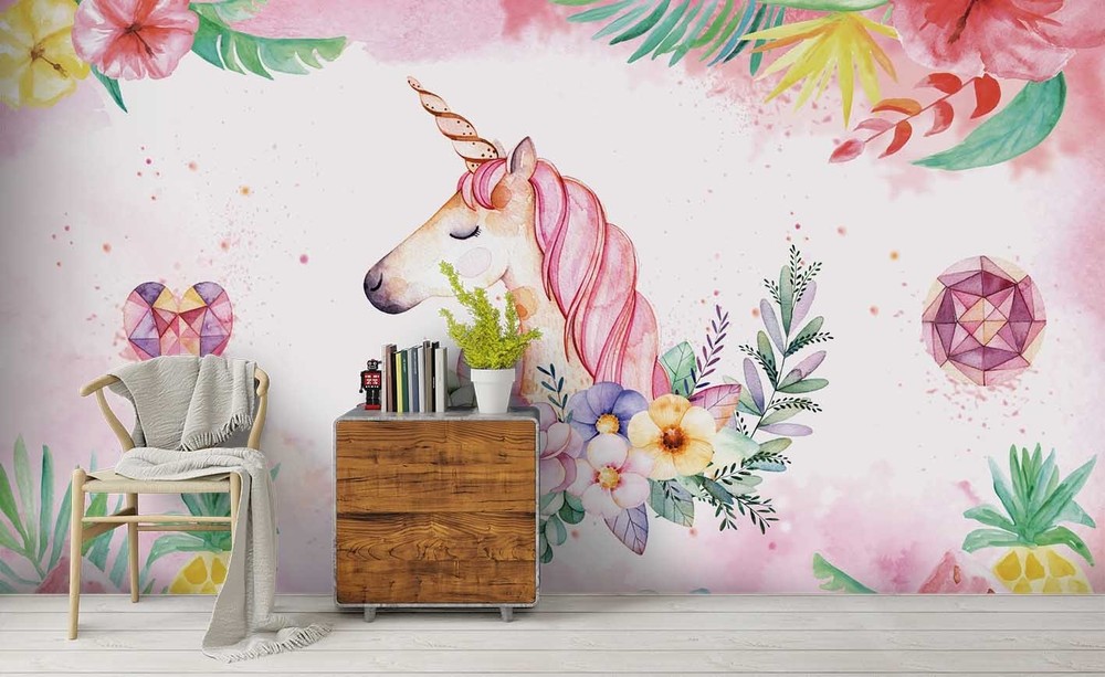 3D Unicorn Flower Watercolor Wall Murals Wallpaper Murals Wall Sticker