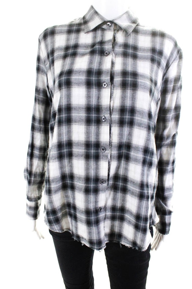 Plaid Collared Button Down Shirt for Women Black Size 0 by Pharaoh LL19LL