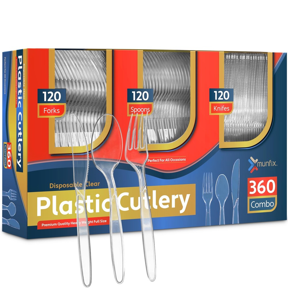 360 Count Plastic Silverware Set 120 Clear Plastic Forks 120 Plastic Spoons 1...