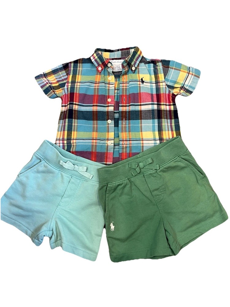 Ralph Lauren Plaid Short Sleeve Shirt & Two Shorts Set 6-9 months