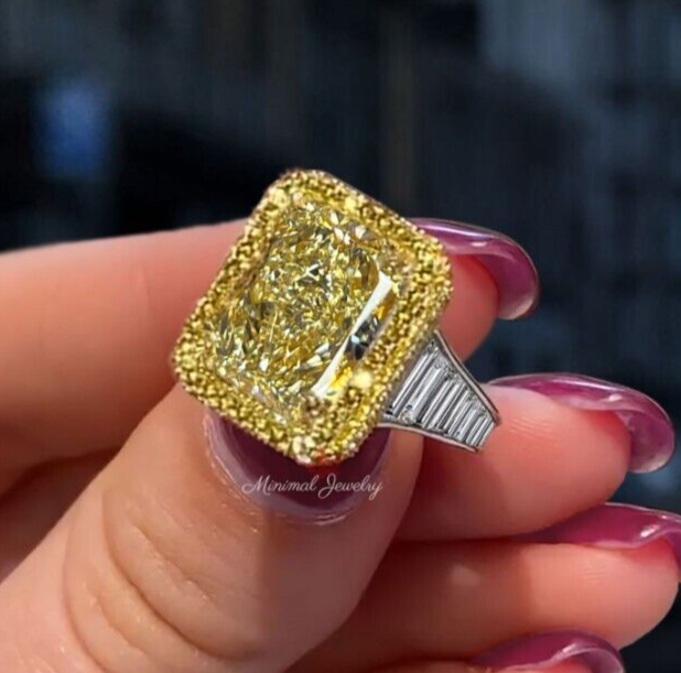 Canary Yellow Radiant Cut 8 CT Moissanite 14k White Gold Ring Bridal Jewelry