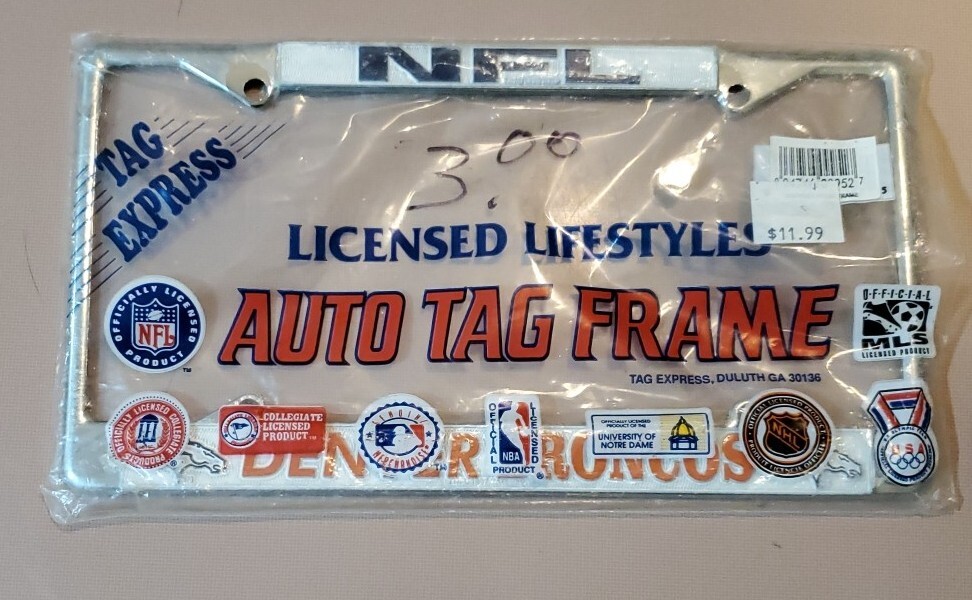 Vtg NFL Football Denver Broncos Silver License Plate Auto Tag Frame NOS USA
