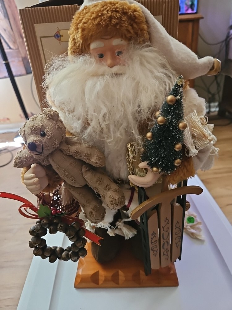Grandeur Noel 16” Fabric Santa With Base Teddy Sleigh, Vintage Collectible Box
