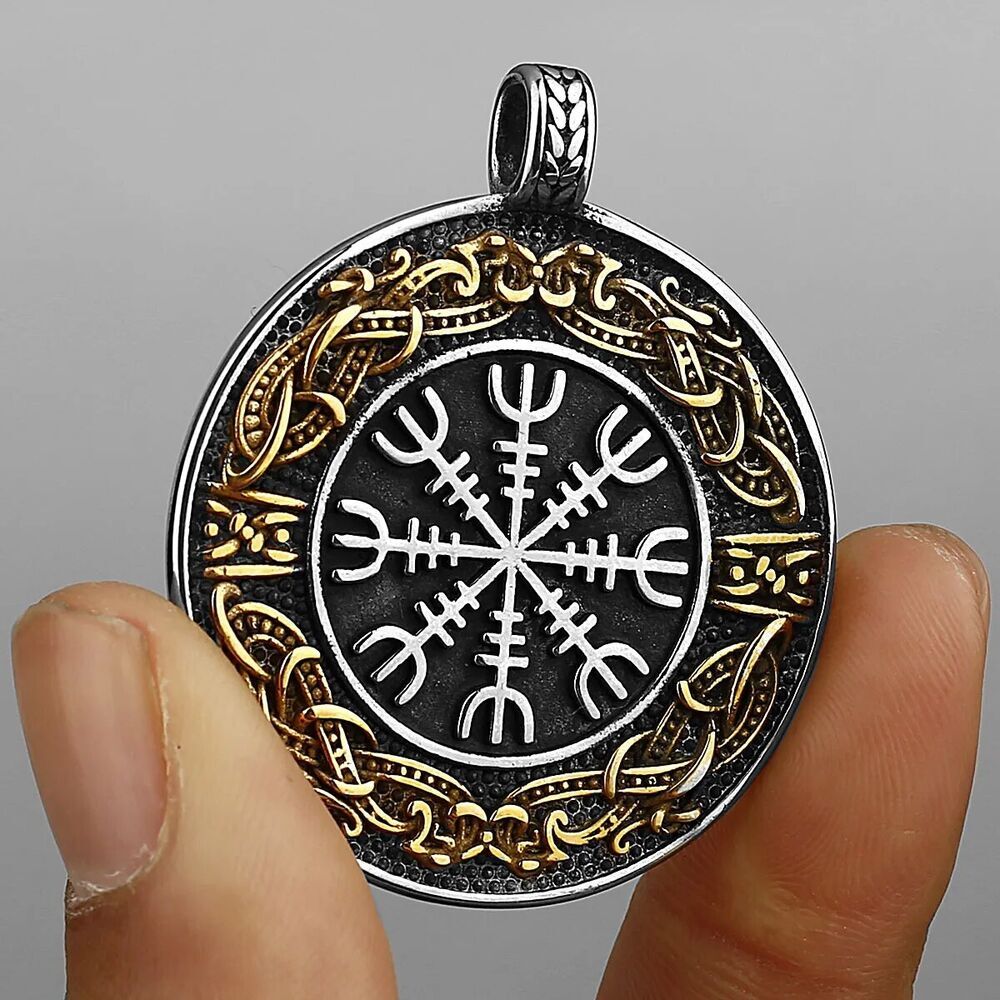Fashion Viking Rune Pray Compass Round Pendant Necklace Stainless Steel Jewelry