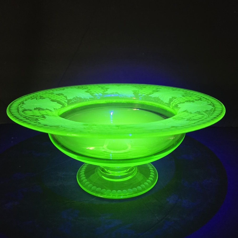 Antique Pairpoint Canaria Grapes Uranium Etched Green Glass Footed Bowl Beauty!