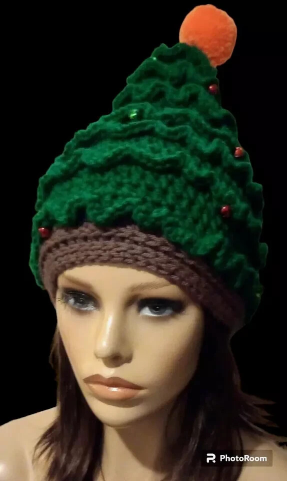 crochet handmade womans christmas tree hat beanie jingle bells pom green
