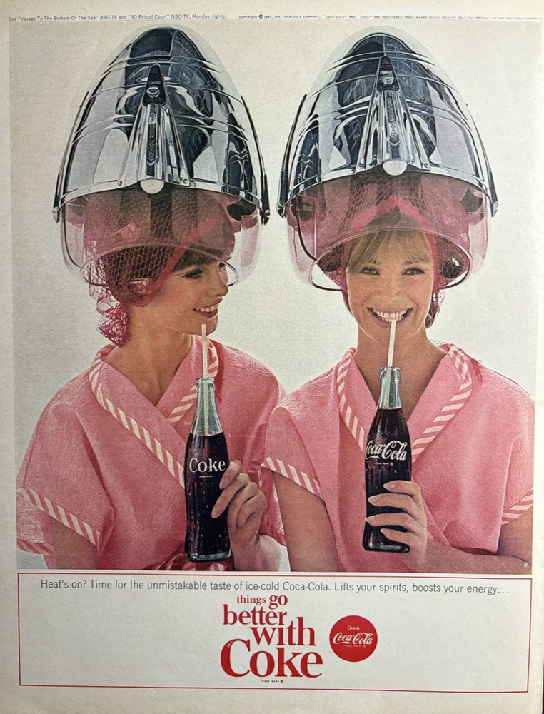 1965 Coca Cola Soda Drink Women Hair Dryers Boosts Energy Bottle VTG Print Ad