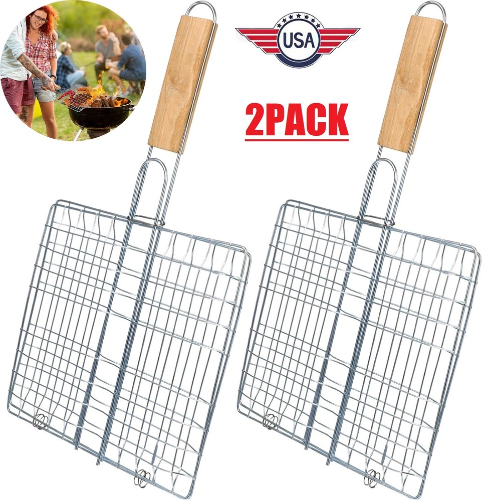 2× Grill BBQ Net Barbecue Grilling Basket Steak Meat Fish Vegetable Holder Tools