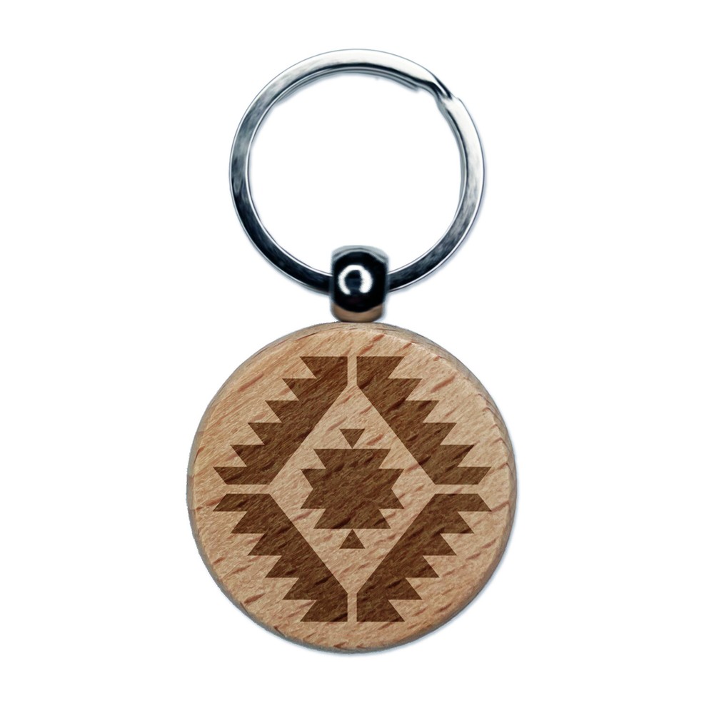 Southwestern Diamond Triangle Pattern Engraved Wood Round Keychain Tag Charm