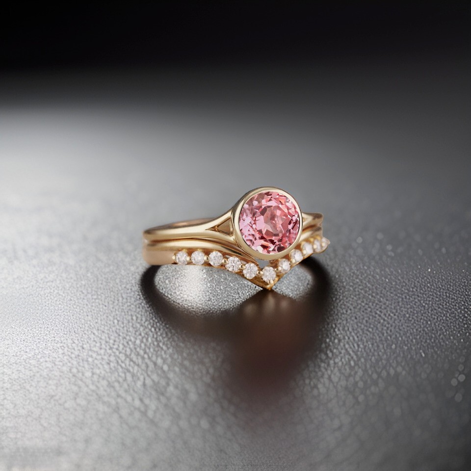 1.50Ct Round Cut Simulated Pink Sapphire Bridal Ring Set 14K Yellow Gold Plated