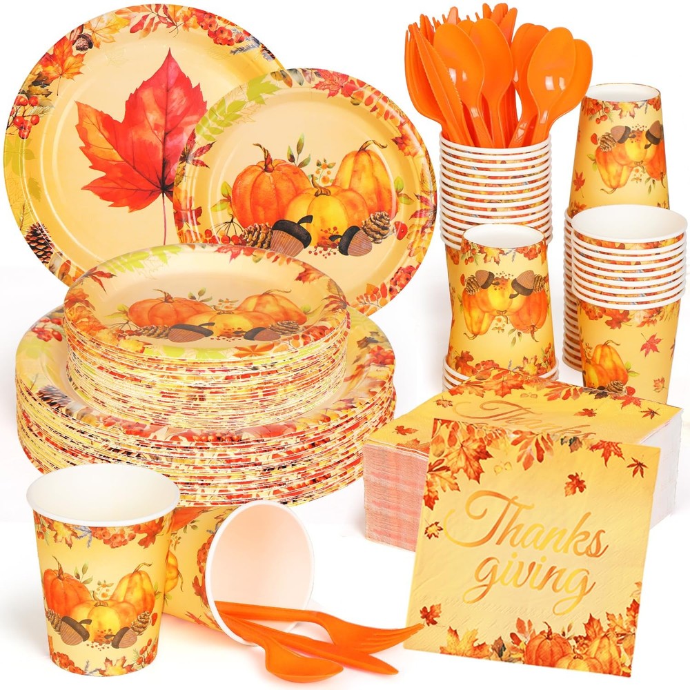 350 Pcs Fall Dinnerware - Thanksgiving Party Decoration Supplies with Autumn ...