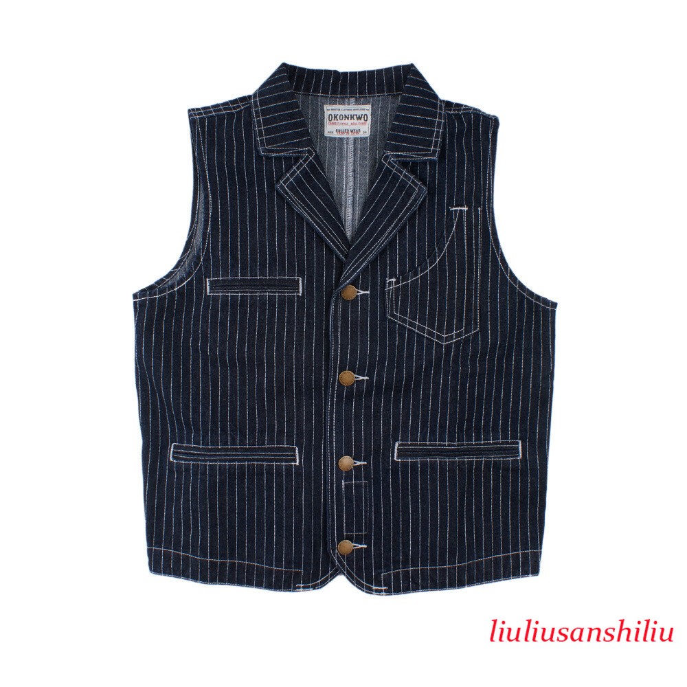 Men's Striped Denim Vest Motorcycle Lapel Jacket Hunting Waistcoat Multi Pockets