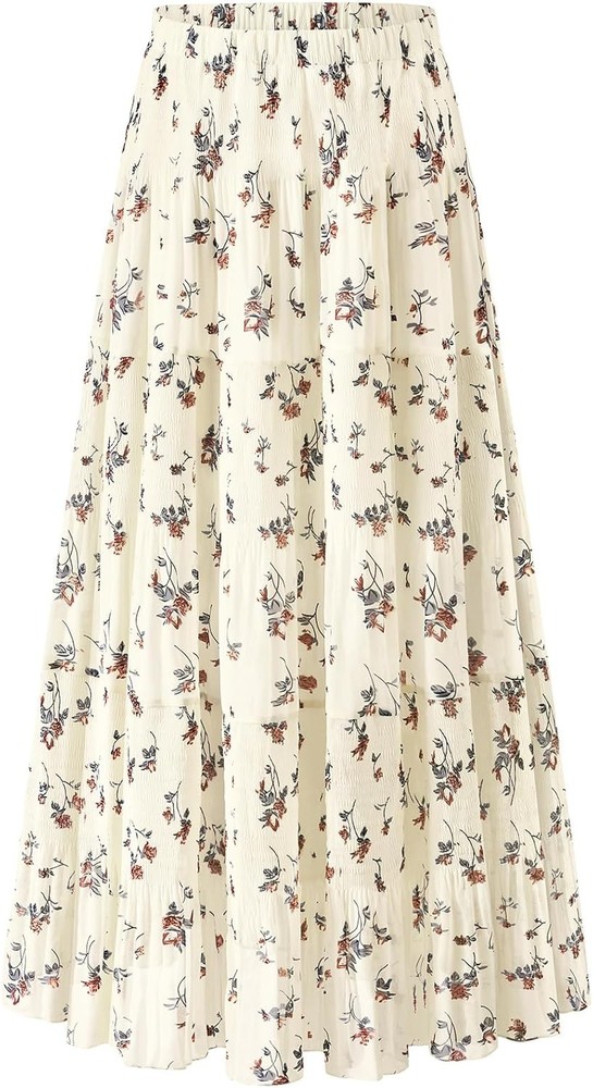 Maxi Skirts for Women Pleated Long Flowy Chiffon Elastic Medium, Floral-02