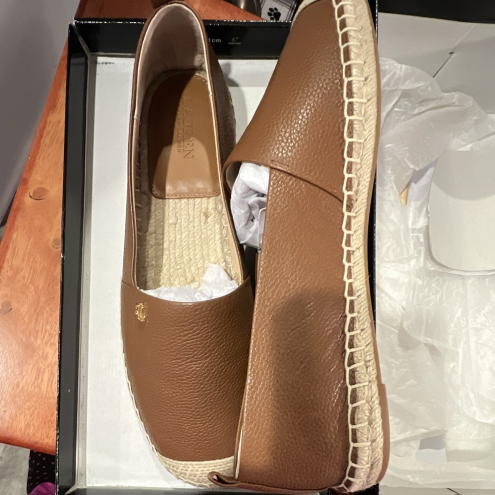 Lauren Ralph Lauren Tan Leather Logo Slip-On Flats Women's EUR 40.5 UK 7