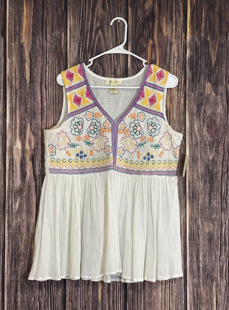 Studio West Womens White Boho Peasant Top L Sleeveless Embroidered Festival Blouse
