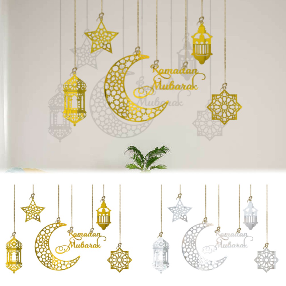 Ramadan Decor 6Pcs Acrylic Moon Star Pendant Hanger Plaque Ornaments Decorations