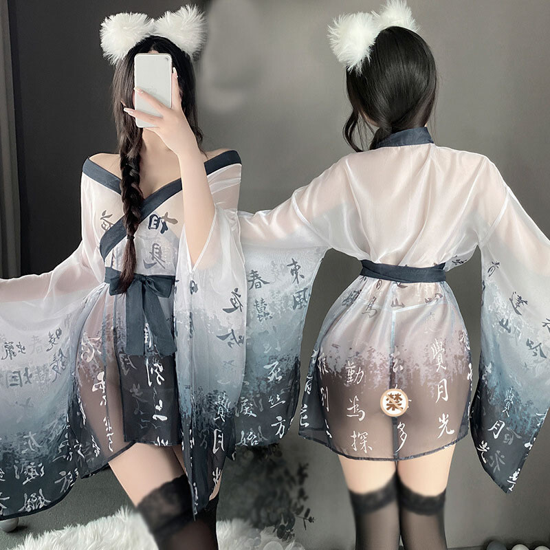 Chinese Style Women Chiffon Han Fu Uniform Kimono Robe Bathrobe Lingerie Sexy