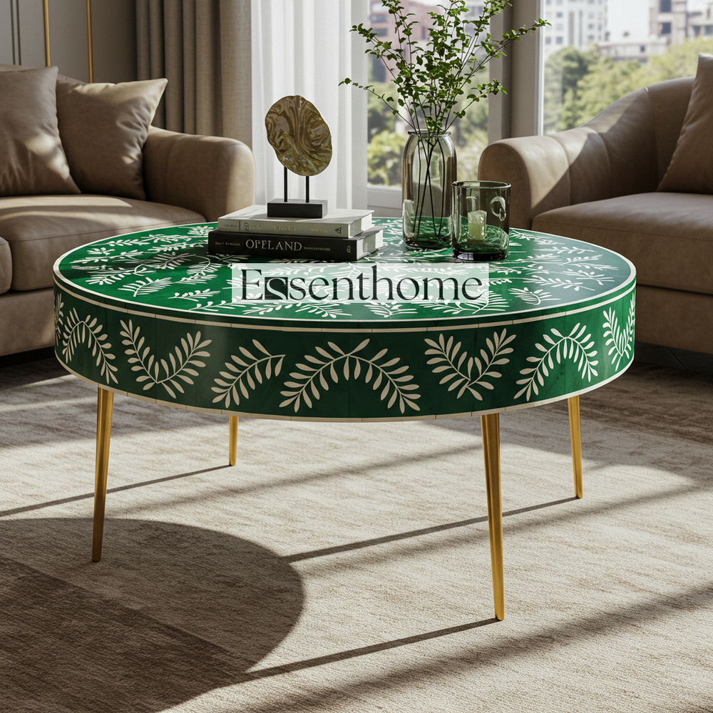 Essenthome Handmade Green Bone Inlay Round Coffee Table with Floral Design