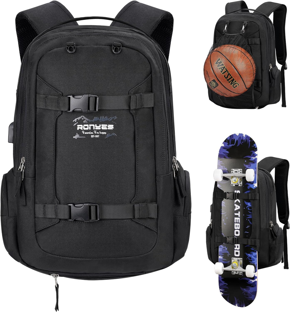 Skateboard Backpack with 17.3 Inch Laptop Compartment and USB Charging Port