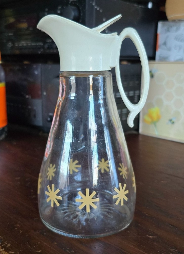 Vintage Pyrex Log Cabin Syrup Dispenser Gold Starburst Design MCM Glass