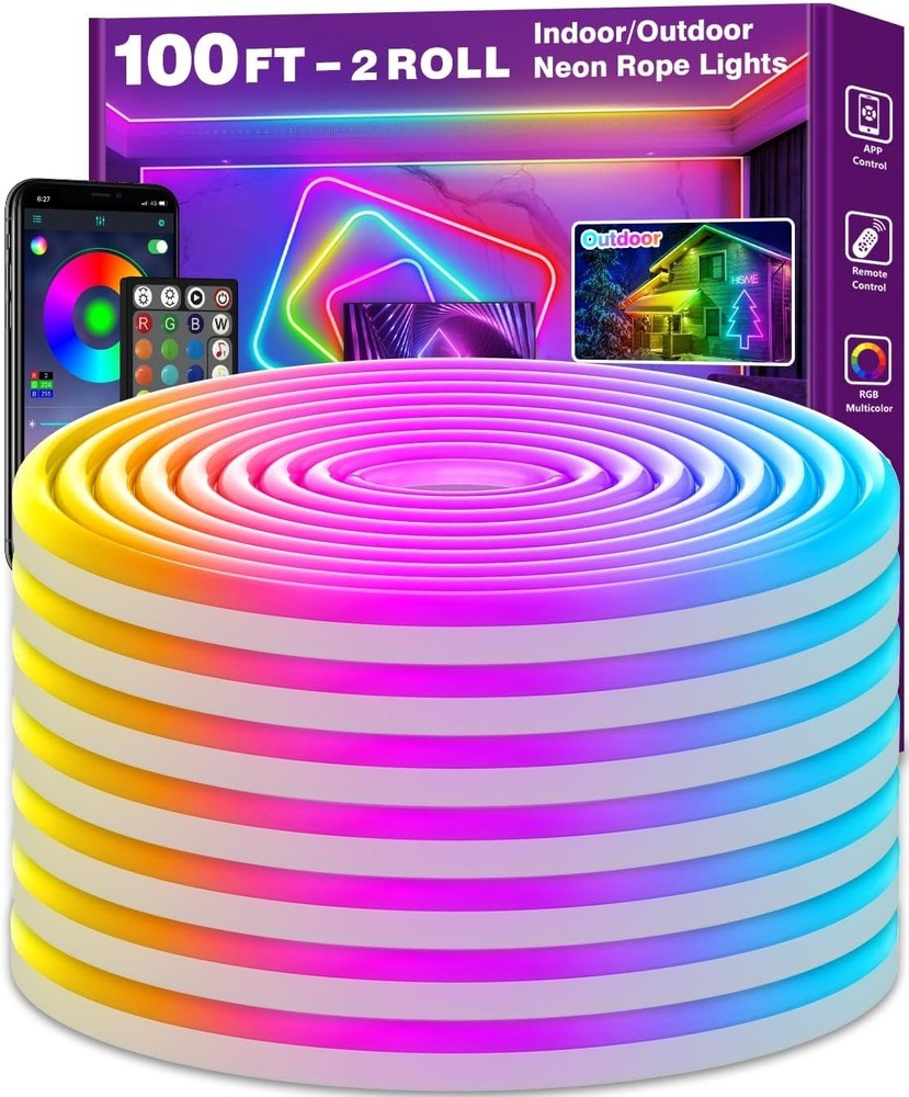 100Ft LED Neon Rope Lights, Music Sync Waterproof IP65 Outdoor/Indoor RGB Strip