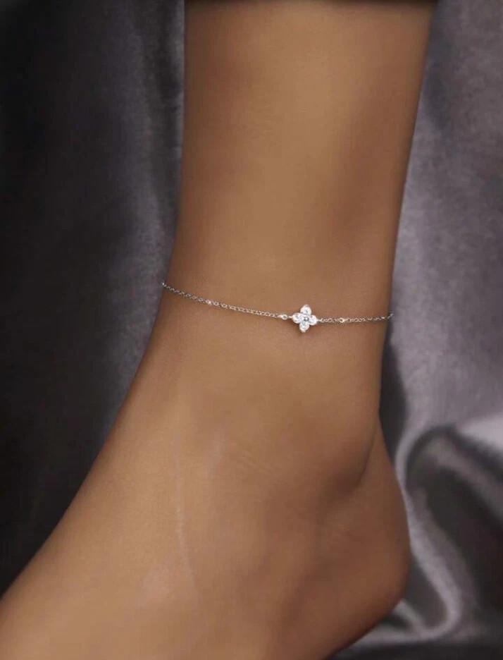Sterling Silver Flower Clover Anklet with Lab Diamond