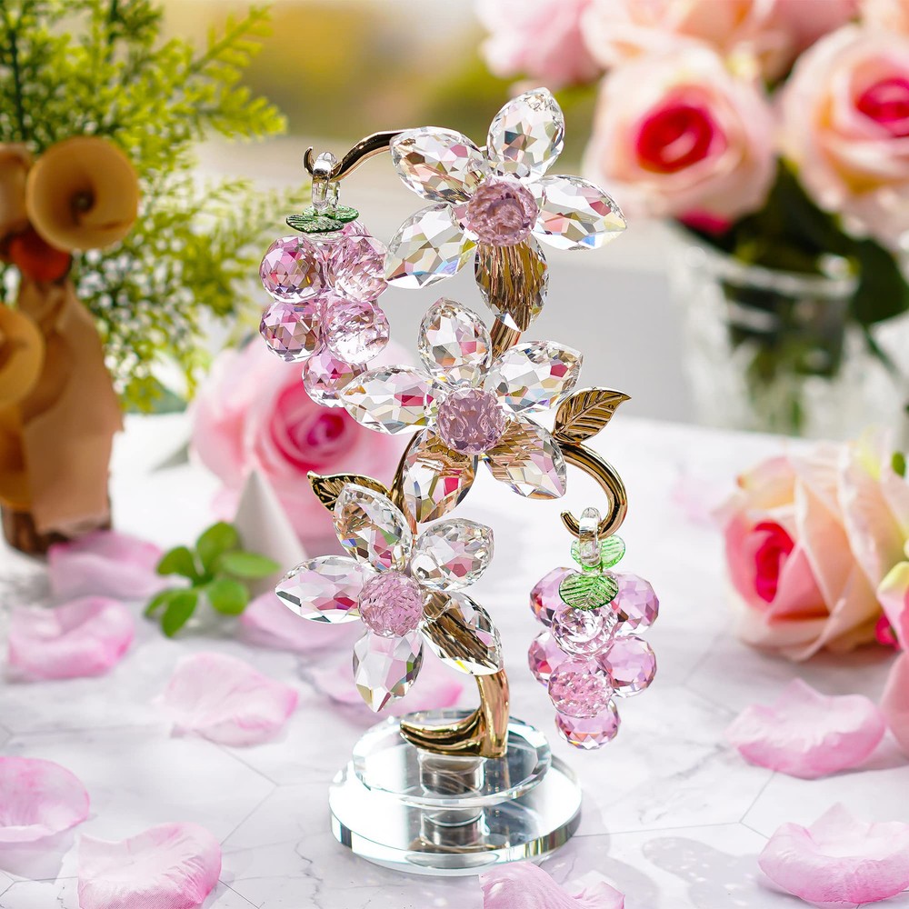 Crystal Pink Grape Decor with Rotating Base Collectible Figurines Ornaments D...
