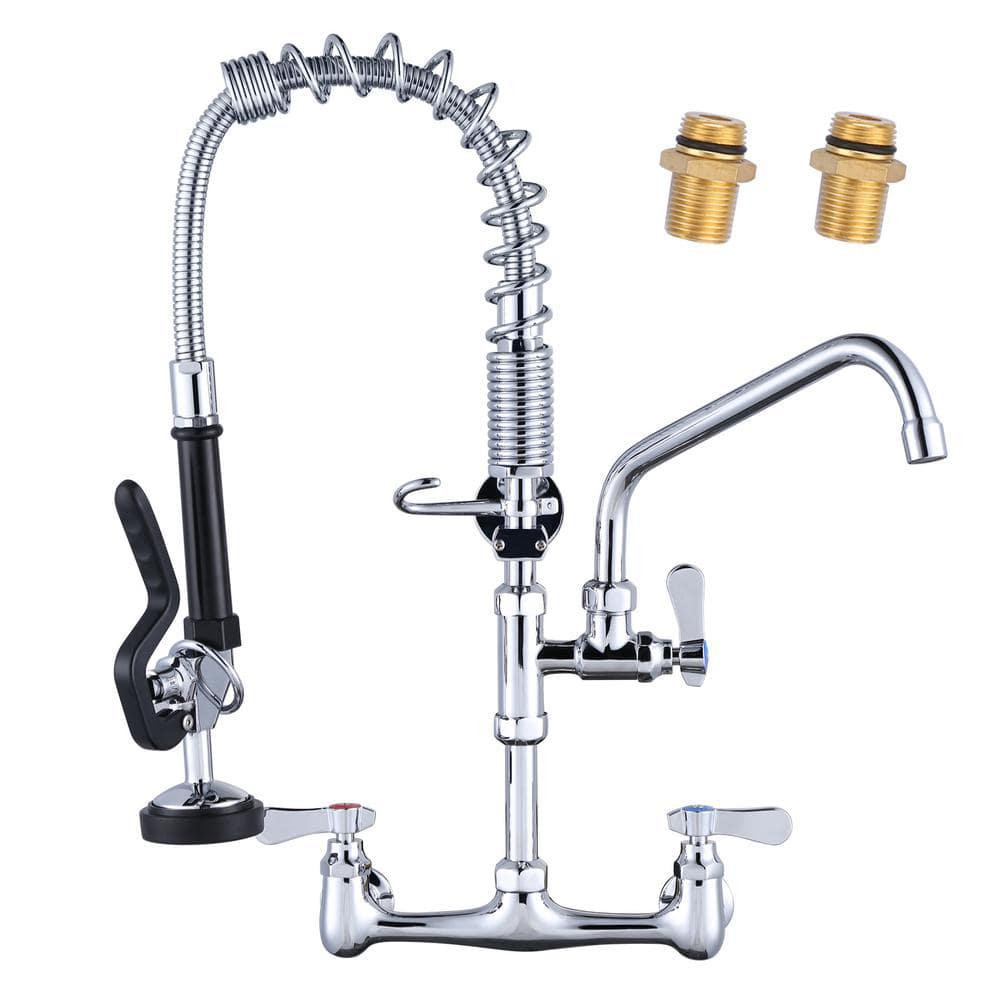 21 in. H Wall Mount Commercial Kitchen Faucet 3 Handles with Pre-Rinse Sprayer