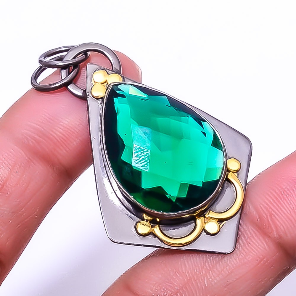 Emerald Simulated Designer Handmade 925 Sterling Silver Pendant 1.95 Inch P57
