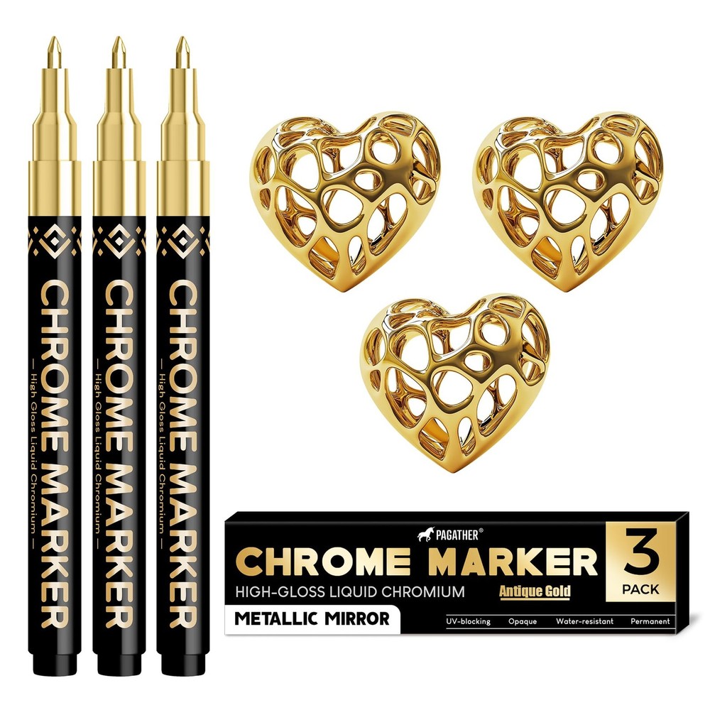 3Pcs Chrome Paint Markers, Gold Color Permanent Mirror Liquid Chrome Pens for...