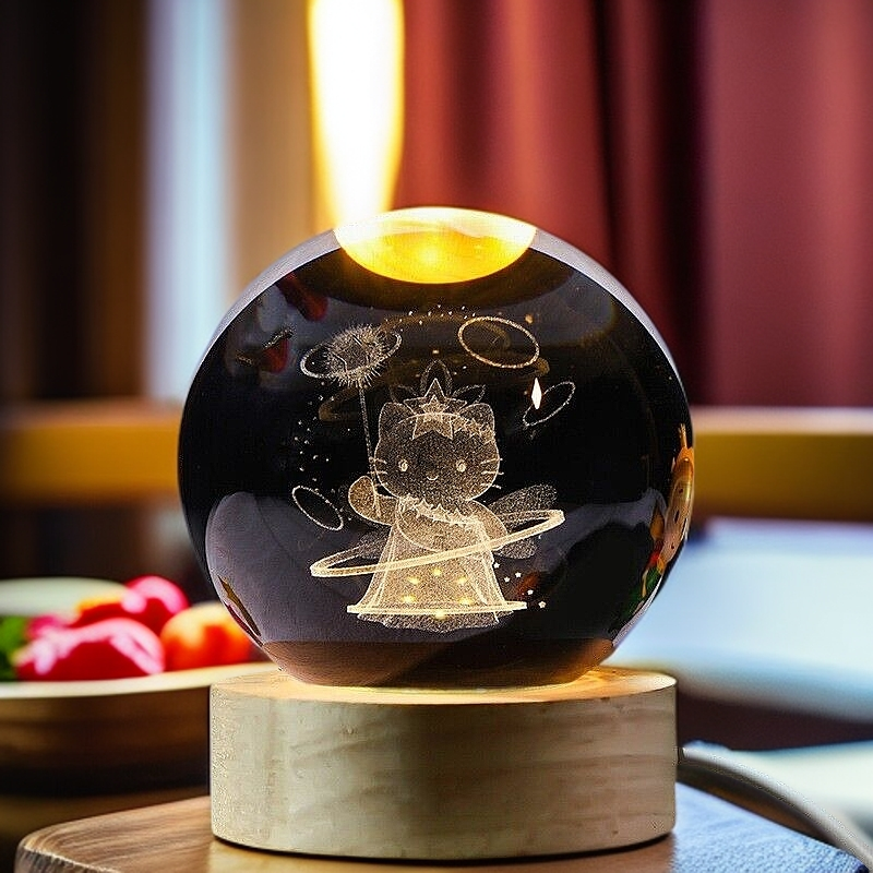 3D Carved Princess KT Cat Crystal Ball Night Light with Wooden Base for Kids
