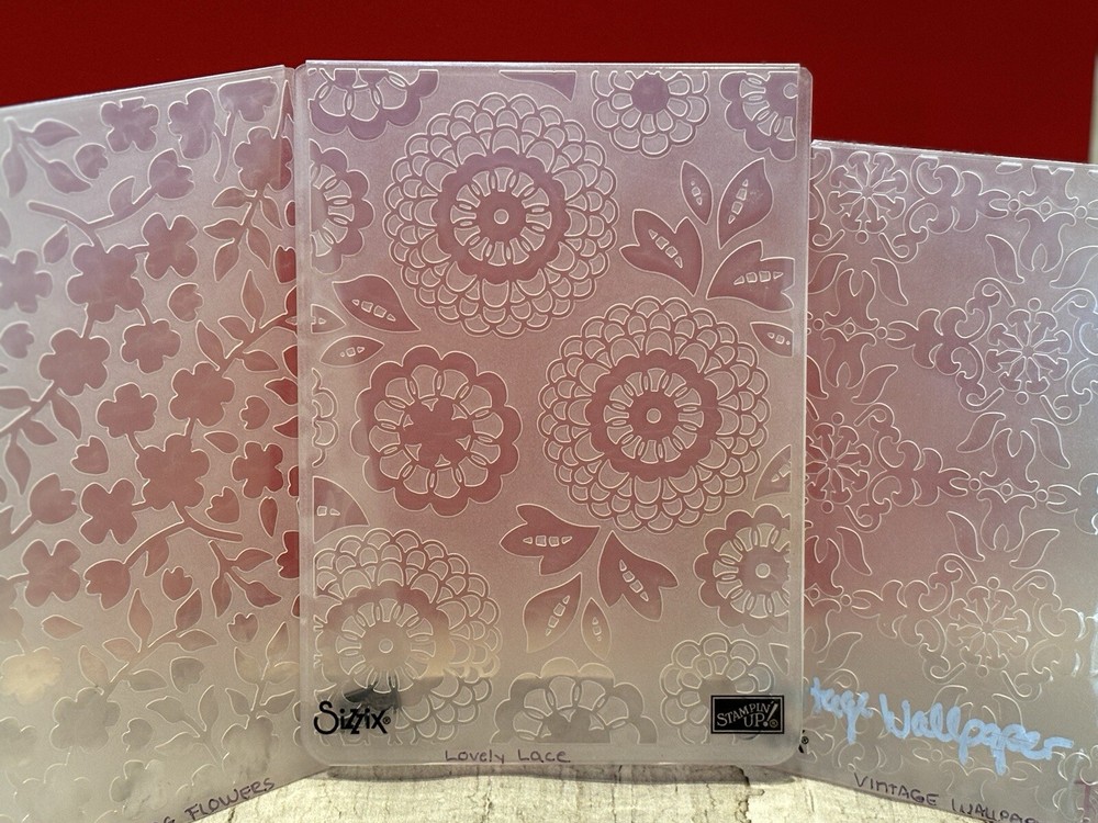 Stampin Up Sizzix Embossing Folders Lot of 3-Vin. Wallpaper/Lovely Lace/Spring
