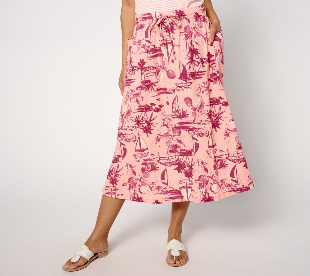Denim & Co. Women's Petite Skirt PM Naturals Printed Linen Blend Pink A644262