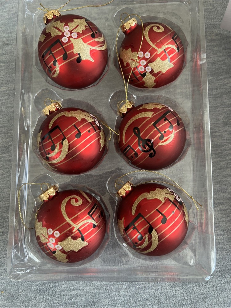 Kurt S. Adler Ornaments Christmas Red Gold Music Notes Glass Balls 80mm New Box