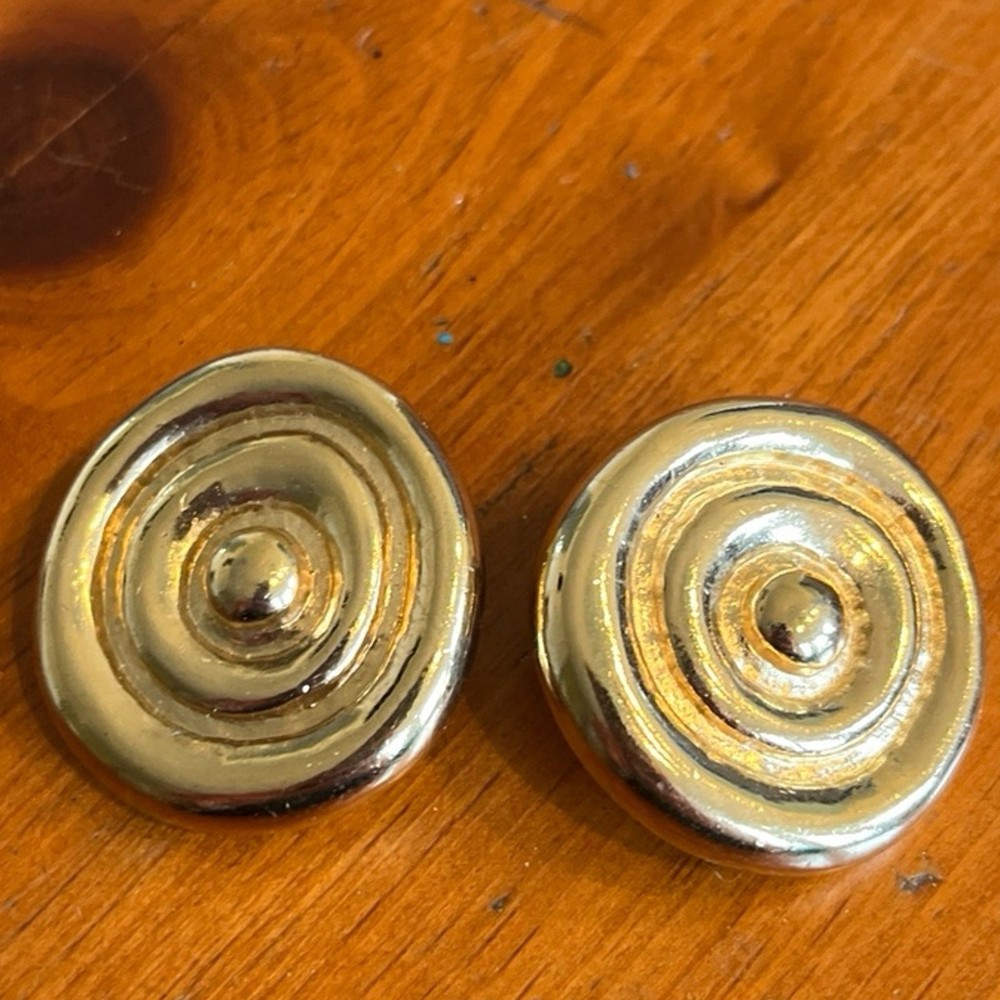 Vintage Givenchy Signed Gold Plated Swirl Circle Clip On Earrings