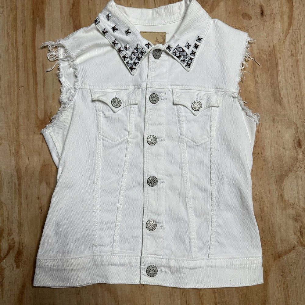 True Religion Women XS White Trucker Denim Jean Vest  Bling Goth Studded Collar