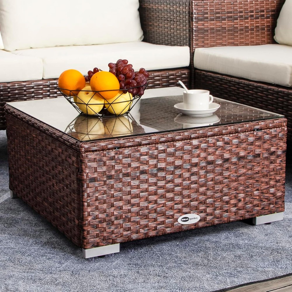 Brown Outdoor Square 25 Inch Wicker Coffee Glass Table For Patio Clearance Sale-image